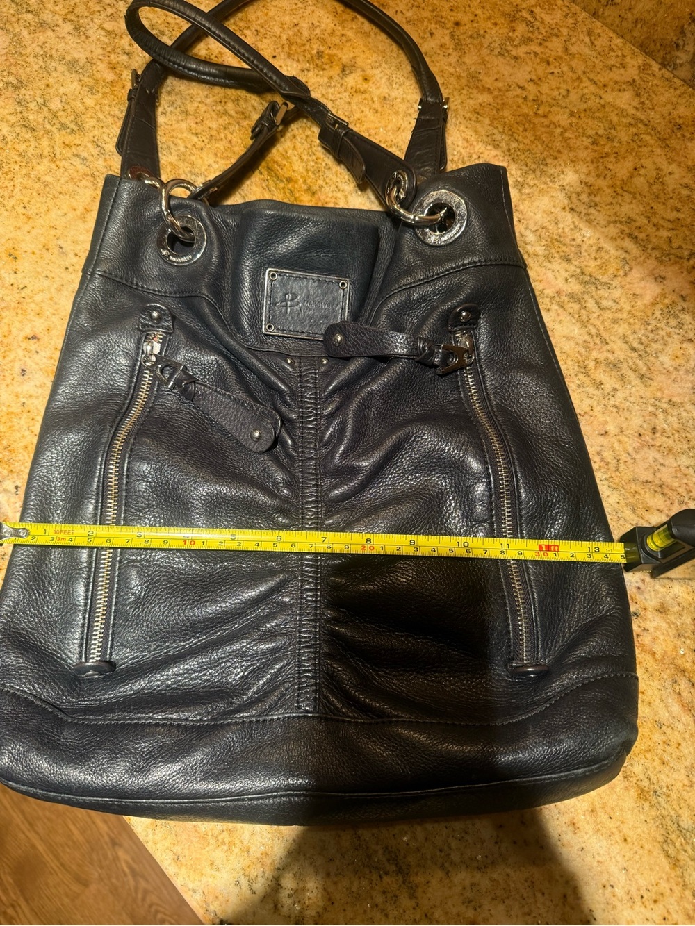 Bmakowski Black Leather Purse with Front Zip Pockets and gold hardware